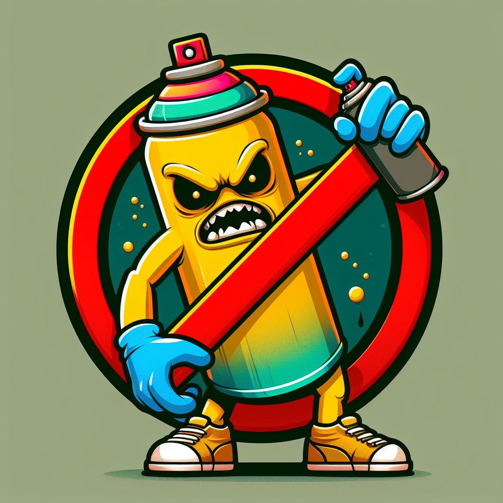 Stylised character portraying a vandal with a spray can that is inside a GhostBusters style red blockout symbol with a sage background.