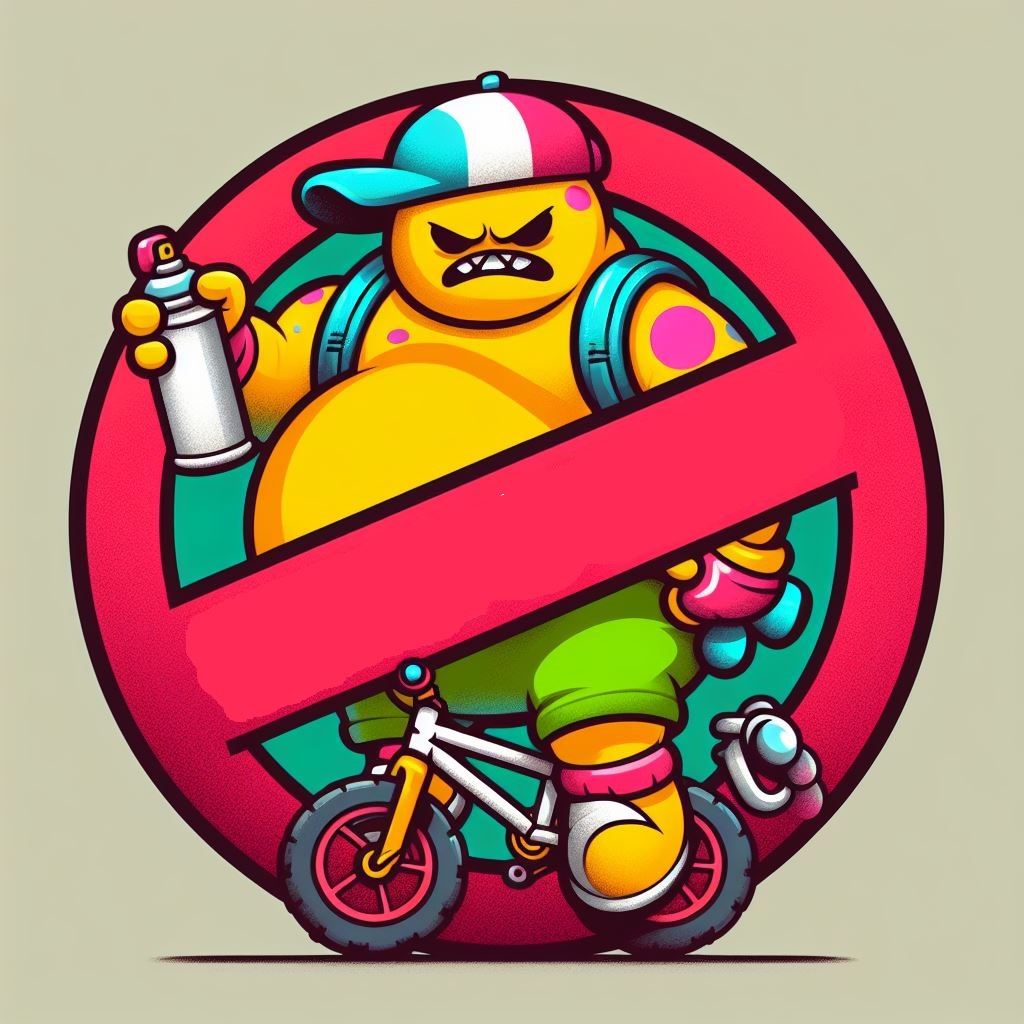 Stylised character portraying a vandal with a spray can that is inside a GhostBusters style red blockout symbol with a beige background.