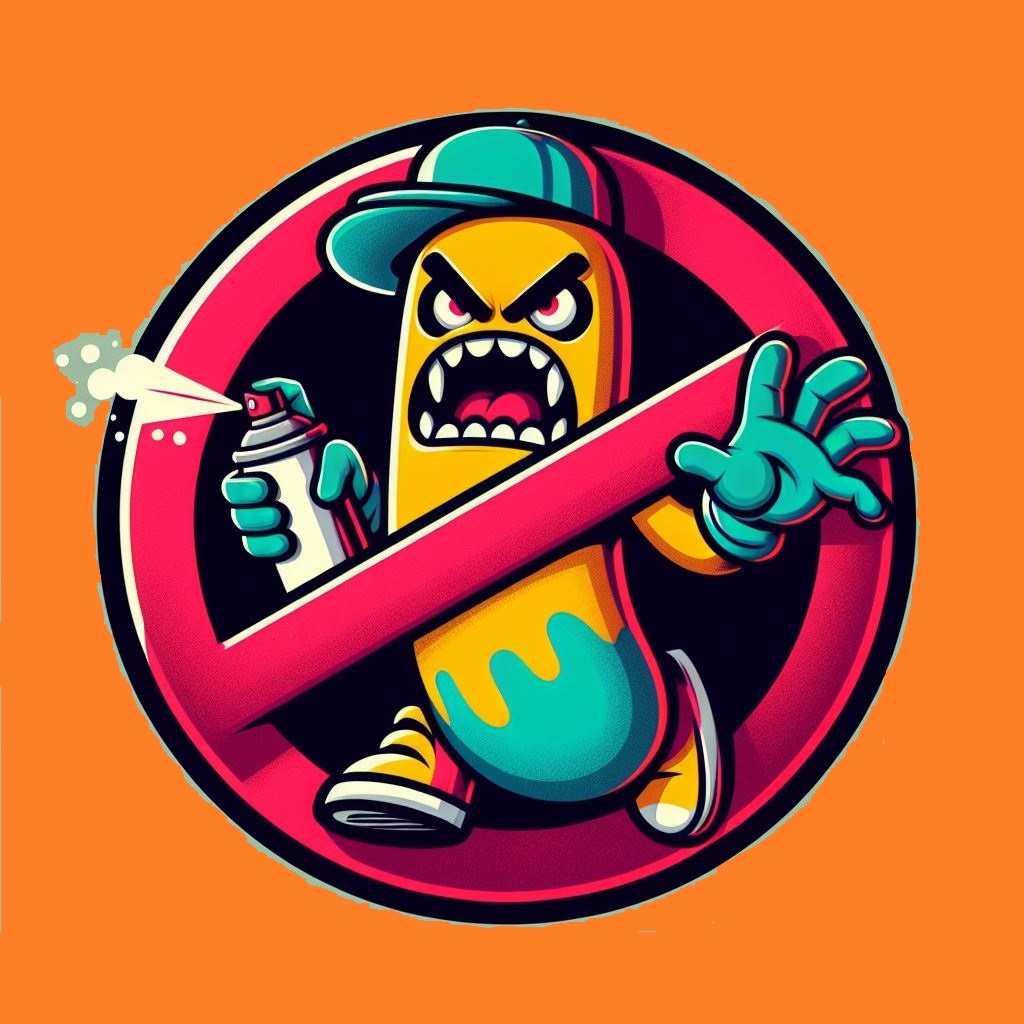Stylised character portraying a vandal with a spray can that is inside a GhostBusters style red blockout symbol with an orange background.