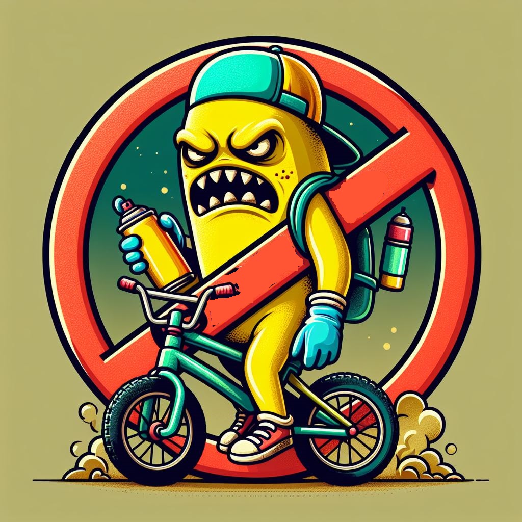 Stylised character portraying a vandal with a spray can that is inside a GhostBusters style red blockout symbol with a sage background.
