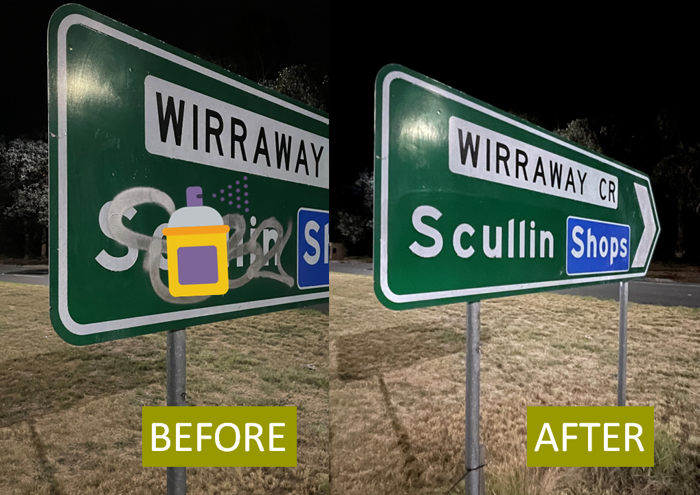 large road sign reading ''scullin shops' with graffiti on left and sparkling clean on right