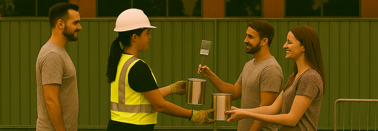 Person in high viz and hat receiving paint and brush from other people.