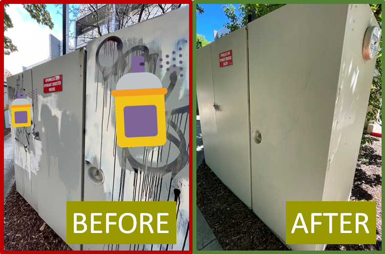 Large brown cabinet asset showing spray painted vandalism censored with spray can emojis in a 'before’ photograph followed by a cleaned asset with label: 'after'