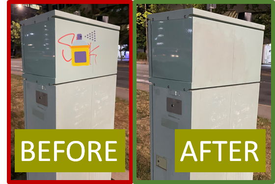 Large light blue shiny traffic light signal cabinet asset showing spray painted vandalism censored with spray can emojis in a 'before’ photograph followed by a cleaned asset with label: 'after'